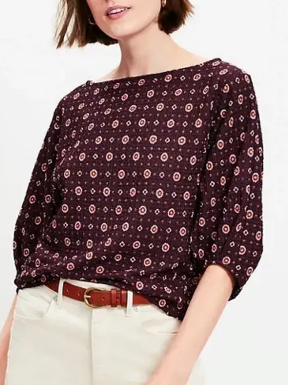 LOFT Foulard Pleated Elbow Sleeve Top size xl LIKE NEW Stretch blouse printed